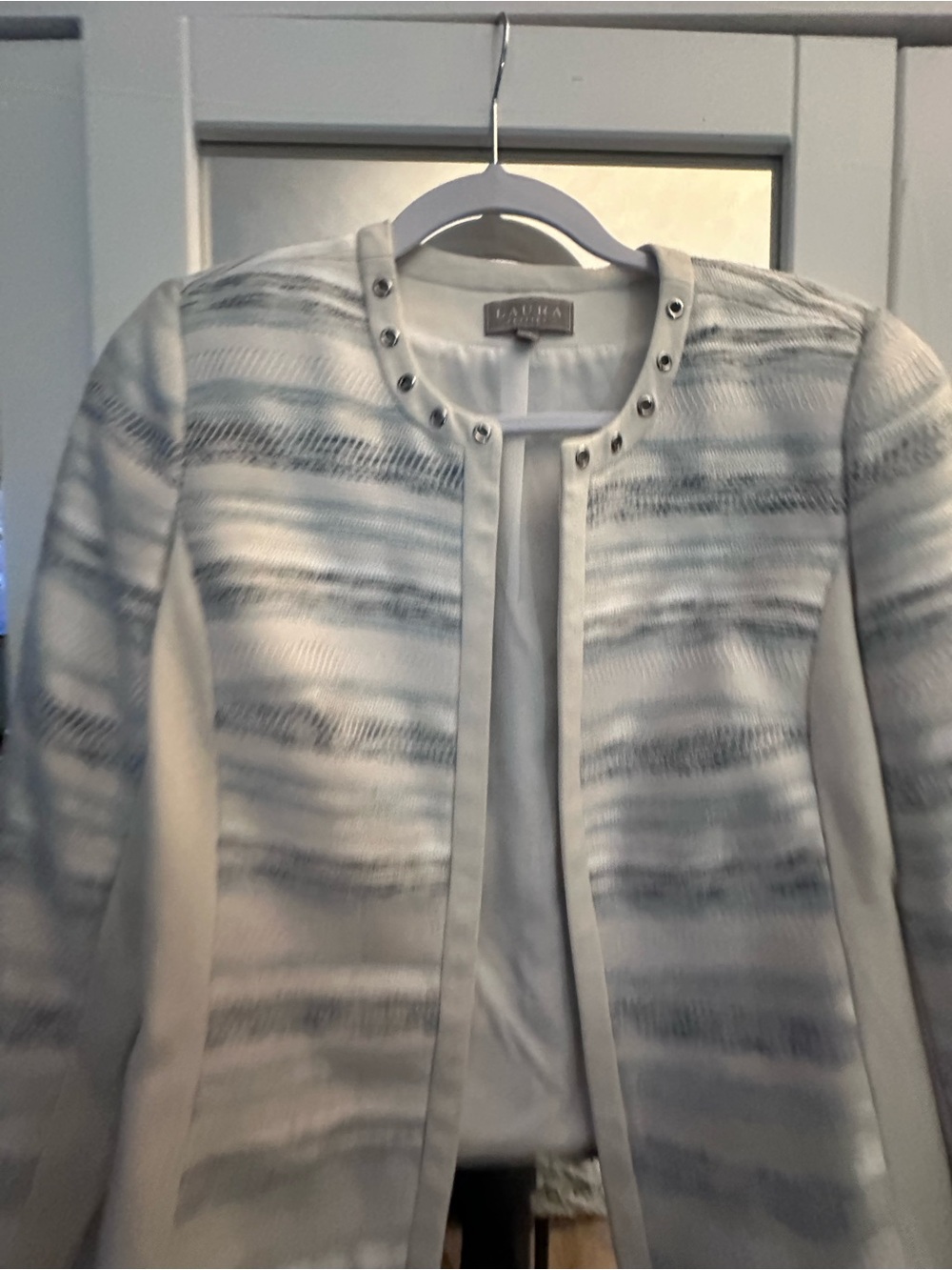 LAURA Open-Front Striped White & Light Gray Blazer
